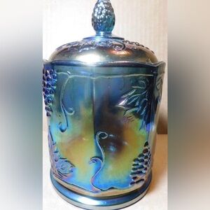 1970sIndiana Blue Carnival Glass Iridescent Canister Jar 7" Vintage Jar with Lid